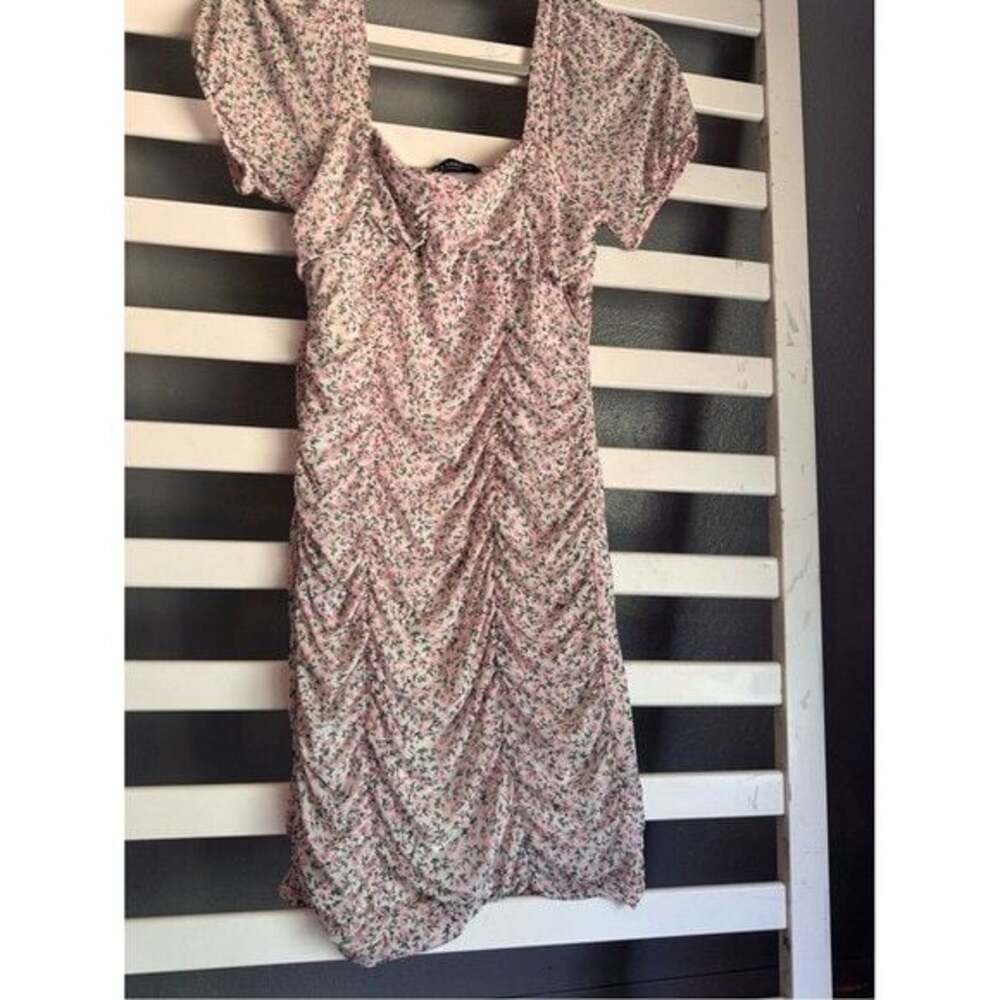 Women's Pink Floral Midi Dress with Puff Sleeves